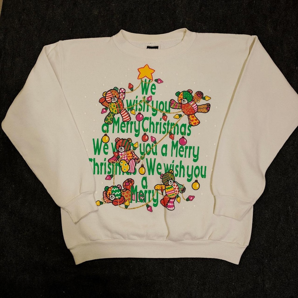 Vintage Tultex 90s Christmas Teddy Bear Sweatshirt Cream Mens Large Made in USA